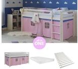 Homestyle4u Hochbett 90x200 Kinderbett mit Leiter und Vorhang Wei&szlig; Rosa Holz...
