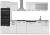 Vicco K&uuml;chenzeile R-Line, Wei&szlig; Hochglanz/Wei&szlig;, 300 mit Hochschrank, AP Marmor