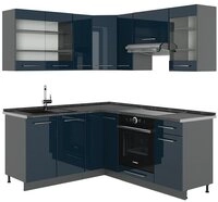 Vicco Winkelk&uuml;che Fame-Line, Dunkelblau Hochglanz/Anthrazit, 160 x 60 cm ohne