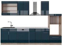 Vicco K&uuml;chenzeile Fame-Line, Dunkelblau Hochglanz/Goldkraft Eiche, 300 cm mit