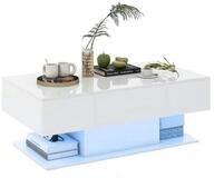 COSTWAY Couchtisch, LED, Hochglanz, 20 Farben einstellbar, mit Stauraum, Wei&szlig;