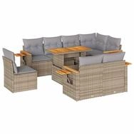 vidaXL Gartenlounge-Set 9-tlg. Garten-Sofagarnitur mit Kissen Beige Poly Rattan,