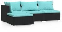 vidaXL Gartenlounge-Set, 4-tlg. Lounge Set mit Kissen Schwarz Poly Rattan