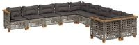 vidaXL Gartenlounge-Set 10-tlg. Garten-Sofagarnitur mit Kissen Grau Poly Rattan,