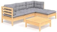 vidaXL Gartenlounge-Set, 5-tlg. Lounge Set mit Grauen Kissen Kiefernholz
