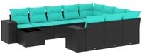 vidaXL Gartenlounge-Set 11-teiliges Gartensofa-Set mit Kissen, schwarzes Polyrattan,