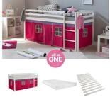 Homestyle4u Hochbett 90x200 cm Kinderbett Wei&szlig; mit Vorhang Pink (Komplett-Set...