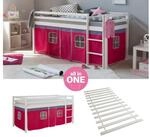 Homestyle4u Hochbett 90x200 cm Kinderbett Wei&szlig; mit Vorhang Pink (Set, mit