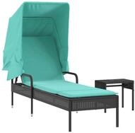 vidaXL Gartenliege Sonnenliege mit Sonnendach und Tisch Schwarz Polyrattan, 1...