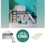 Homestyle4u Hochbett 90x200 cm Grau mit Vorhang Sterne f&uuml;r 1 Kind Kiefer Massiv