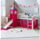 Homestyle4u Hochbett 90x200 cm Kinderbett Wei&szlig; mit Vorhang Pink (Set, mit Turm,