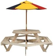 vidaXL Gartentisch Picknicktisch f&uuml;r 6 Kinder mit Sonnenschirm Sechseckig Tanne