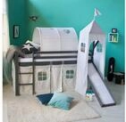 Homestyle4u Hochbett 90x200 cm Wei&szlig; mit Vorhang Sterne Grau f&uuml;r 1 Kind Holz...