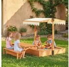 AIYAPLAY Sandkasten mit Dach klappbarem Picknicktisch Sitzb&auml;nken Bodenplane
