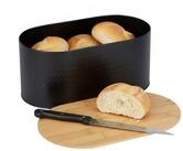 relaxdays Brotkasten Ovaler Brotkasten mit Bambusdeckel, Stahl, schwarz