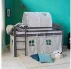 Homestyle4u Hochbett 90x200 cm Wei&szlig; mit Vorhang Sterne Grau f&uuml;r 1 Kind Holz...