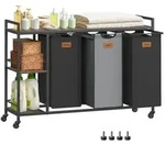 VASAGLE W&auml;schekorb, 3 F&auml;cher, W&auml;schesammler 150 L, Rollen, mit Ablagen, 6