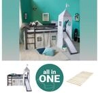 Homestyle4u Hochbett 90x200 cm Grau mit Vorhang Sterne f&uuml;r 1 Kind Kiefer Massiv