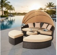 Melko Gartenlounge-Set Polyrattan Sonneninsel Tisch & Kissen 180CM Strandkorb Set,