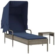 vidaXL Gartenliege Sonnenliege mit Sonnendach und Tisch Grau Polyrattan, 1 St.