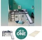 Homestyle4u Hochbett 90x200 cm Grau mit Vorhang Sterne f&uuml;r 1 Kind Kiefer Massiv
