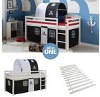 Homestyle4u Hochbett 90x200 cm Kinderbett Wei&szlig; mit Vorhang Kinder Treppe Leiter