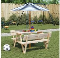 vidaXL Gartentisch, Picknicktisch f&uuml;r 4 Kinder mit Sonnenschirm Massivholz...