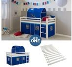 Homestyle4u Hochbett Kinderbett 90x200 Spielbett Jungen Wei&szlig; Blau Rutsche...