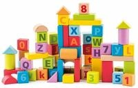 Woodyland Lernspielzeug 60 bunte, pastellfarbene Holzbausteine mit ABC, Zahlen und