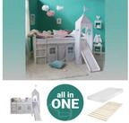 Homestyle4u Hochbett 90x200 Wei&szlig; mit Vorhang Sterne Grau f&uuml;r 1 Kind Kiefer...