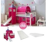 Homestyle4u Hochbett 90x200 cm Kinderbett Wei&szlig; mit Vorhang Pink (Komplett-Set...