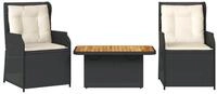 vidaXL Gartenlounge-Set 3-tlg. Garten-Lounge-Set mit Kissen Schwarz Poly Rattan,