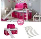 Homestyle4u Hochbett 90x200 cm Kinderbett Wei&szlig; mit Vorhang Pink (Set, mit...