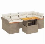 vidaXL Gartenlounge-Set 7-tlg. Garten-Sofagarnitur mit Kissen Beige Poly Rattan,