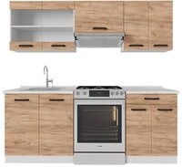 Vicco K&uuml;chenzeile R-Line, Goldkraft Eiche/Wei&szlig;/Wei&szlig;, 200 cm AP Marmor
