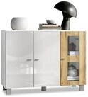 Vladon Sideboard Denjo (Kommode, mit 3 T&uuml;ren), Wei&szlig; matt/Wei&szlig; Hochglanz/Eiche