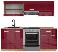 Vicco K&uuml;chenzeile R-Line, Rot Hochglanz/Goldkraft Eiche/Goldkraft Eiche, 200...