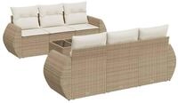 vidaXL Gartenlounge-Set 7-tlg. Garten-Sofagarnitur mit Kissen Beige Poly Rattan,