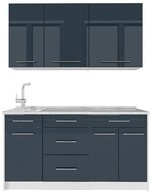 Vicco K&uuml;chenzeile Fame-Line, Dunkelblau Hochglanz/Wei&szlig;, 150 cm, AP Marmor