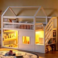 OKWISH Etagenbett Kinder-Hochbett (im Hausdesign mit stabilem Kiefernholzrahmen,