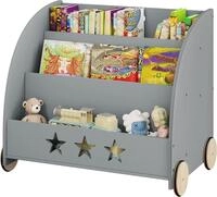 Woltu B&uuml;cherregal, 1-tlg., Kinderregal f&uuml;r B&uuml;cher mit Rollen aus Holz grau