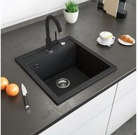 Bergstroem Granitsp&uuml;le, Schwarz, 49 x 50 cm mit Armatur Schwarz, Rechteckig,...