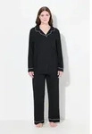 Ulla Popken Pyjama Pyjama Zweiteiler Zierpaspeln V-Ausschnitt Langarm schwarz 42/44