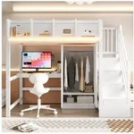 OKWISH Hochbett Jugendbett (mit LED-Licht, Schreibtisch, Kleiderschrank und