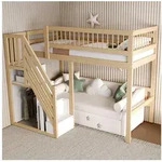 OKWISH Etagenbett Holzbett Kinderbett, Treppe mit Aufbewahrungsschrank...