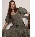 Apricot Midikleid Milchm&auml;dchen-Midaxi-Kleid in Karomuster mit eckigem...