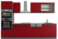 Vicco K&uuml;chenzeile R-Line, Rot/Anthrazit, 300 cm mit Hochschrank, AP Eiche