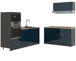 Vicco K&uuml;chenzeile Fame-Line, Dunkelblau Hochglanz/Anthrazit, 340 cm, AP Eiche