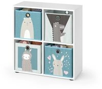 Vicco B&uuml;cherregal Tetra, Wei&szlig;, 72 x 72.6 cm mit 4 Faltboxen (grau/blau),...