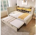OKWISH Polsterbett Ausziehbett 90/180x200 cm aus Leinen mit LED und Stauraum